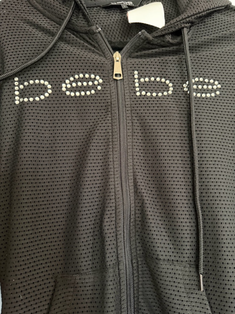 bebe Black Rhinestone Logo Mesh Zip Hoodie - Picture 3 of 8